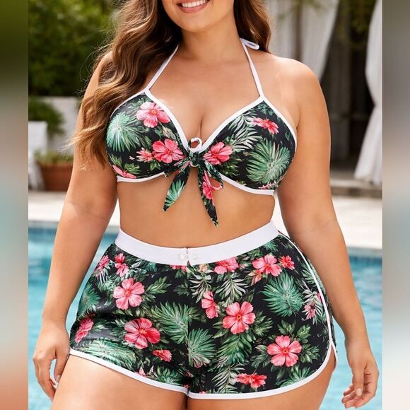Others Follow Other - Floral Tie-Front Bikini Top & High-Waist Swim Shorts - Black with Pink Floral